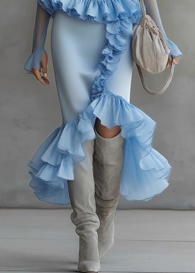 Modern Blue Turtleneck Ruffled Tulle Patchwork Long Dress Flare Sleeve 4