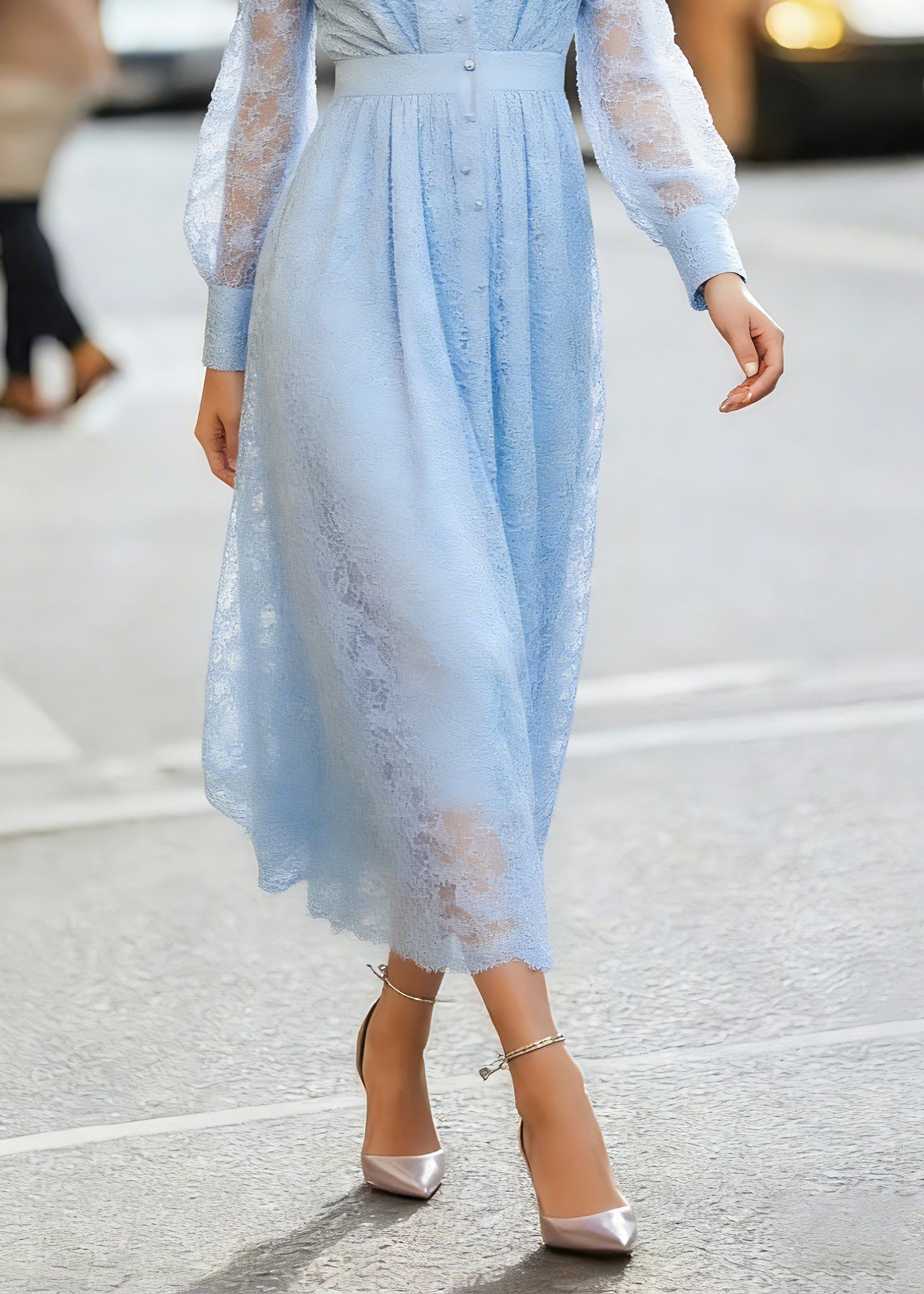 Modern Blue V Neck High Waist Lace Maxi Dress Lantern Sleeve 4