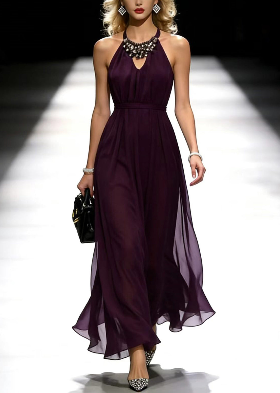 Halter Neck Cold Shoulder Rhinestone Collar Belted Chiffon Maxi Gown