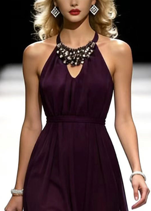 Halter Neck Cold Shoulder Rhinestone Collar Belted Chiffon Maxi Gown