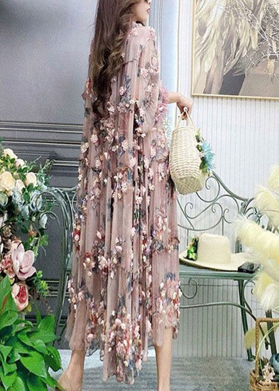 Modern Embroidered Floral Ruffled Tulle Long Dress Lantern Sleeve 5