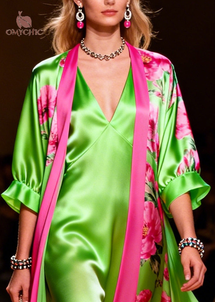Satin Floral Print V-Neck Slip Maxi Open Front Ruffle Cuff Robe Two Piece Set