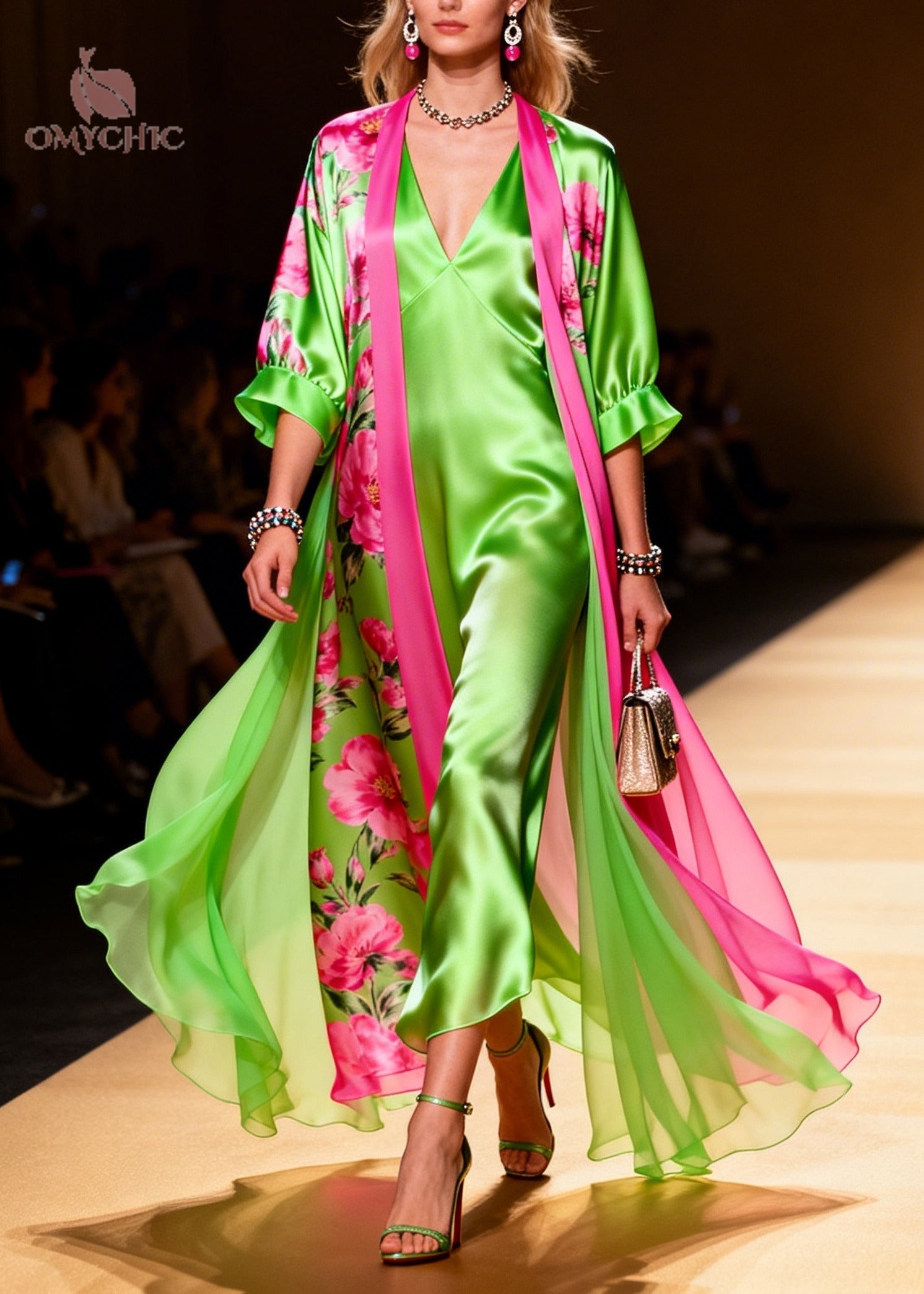 Satin Floral Print V-Neck Slip Maxi Open Front Ruffle Cuff Robe Two Piece Set