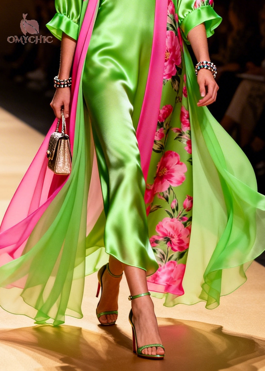 Satin Floral Print V-Neck Slip Maxi Open Front Ruffle Cuff Robe Two Piece Set