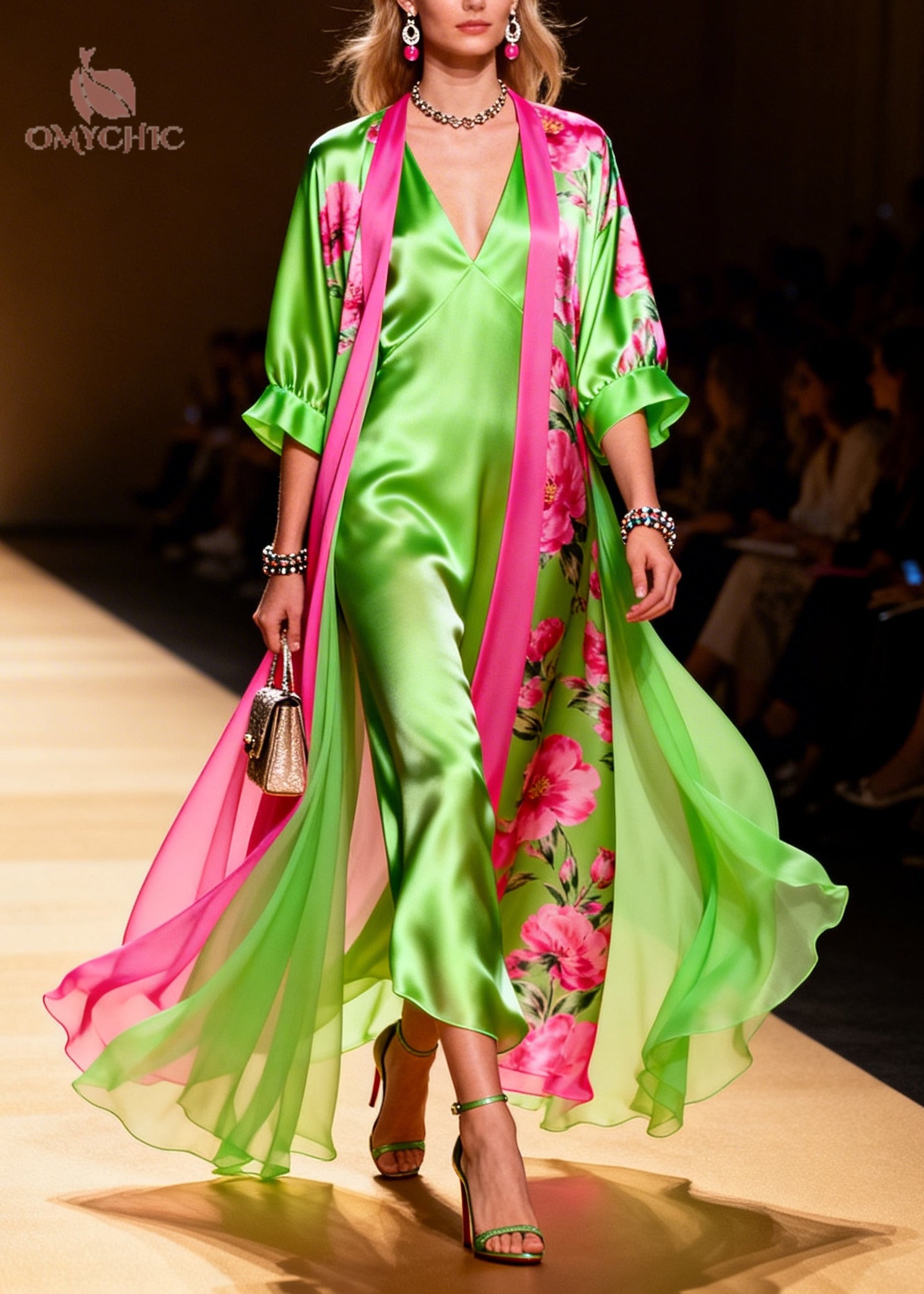 Satin Floral Print V-Neck Slip Maxi Open Front Ruffle Cuff Robe Two Piece Set