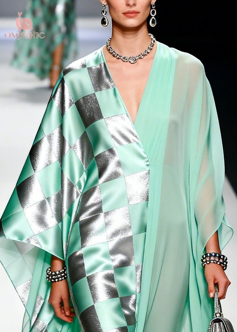 Check Print Patchwork Deep V-Neck Batwing Sleeve Chiffon Kaftan Maxi Gown