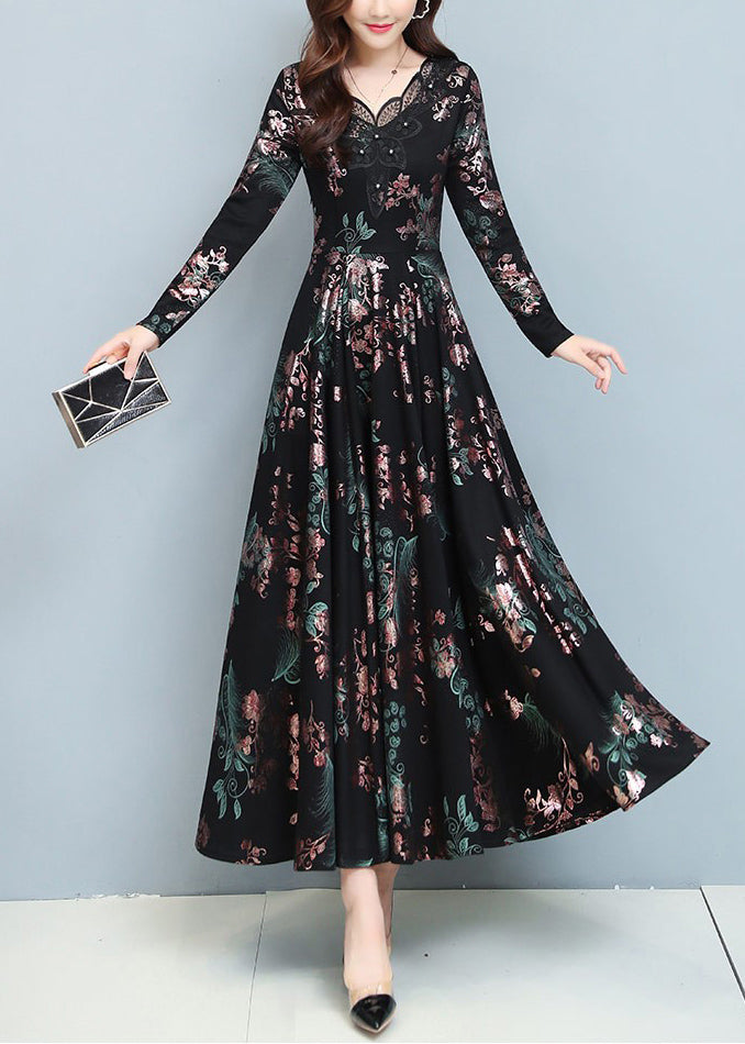 Floral Print V-Neck Lace Trim Button Detail Three-Quarter Sleeve A-Line Maxi Dress