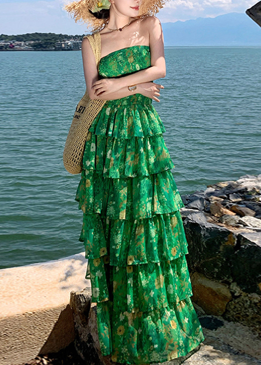 Strapless Floral Tiered Ruffle Chiffon Maxi Dress