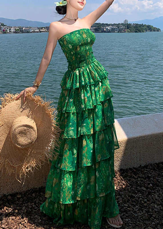 Strapless Floral Tiered Ruffle Chiffon Maxi Dress