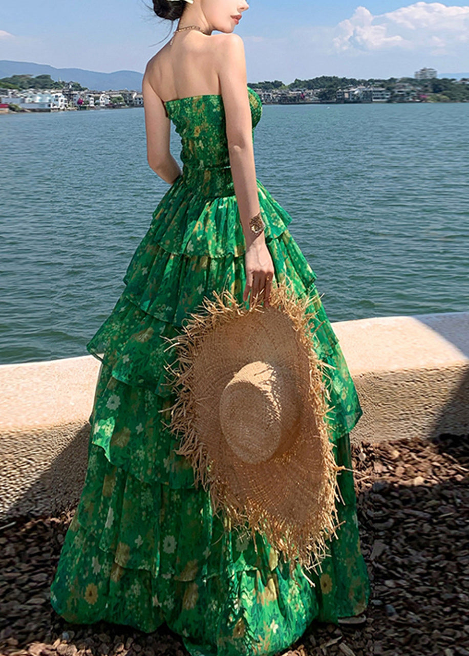 Strapless Floral Tiered Ruffle Chiffon Maxi Dress