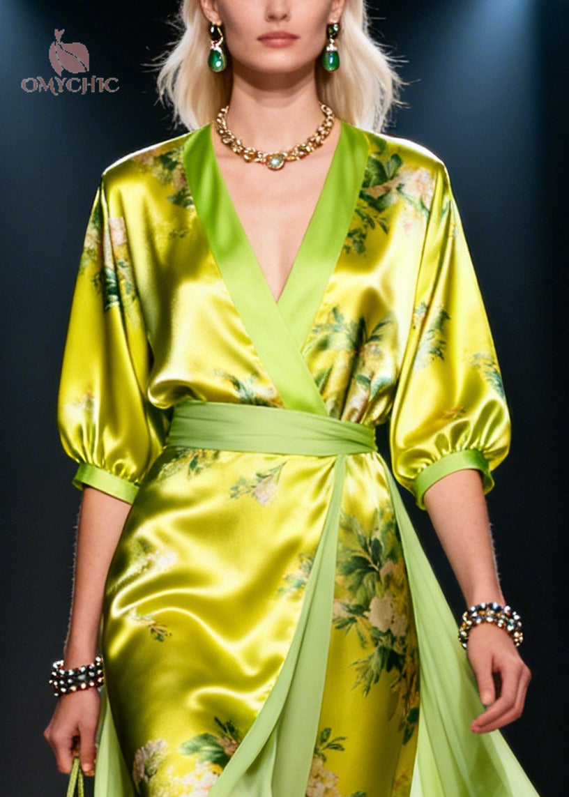 Floral Print Deep V-Neck Three Quarter Sleeve Wrap Waist Draped Panel Maxi Dress