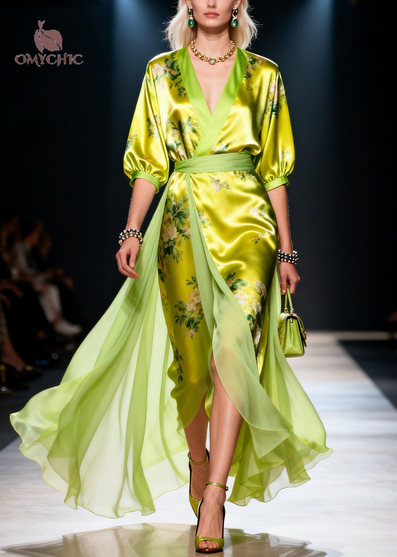 Floral Print Deep V-Neck Three Quarter Sleeve Wrap Waist Draped Panel Maxi Dress