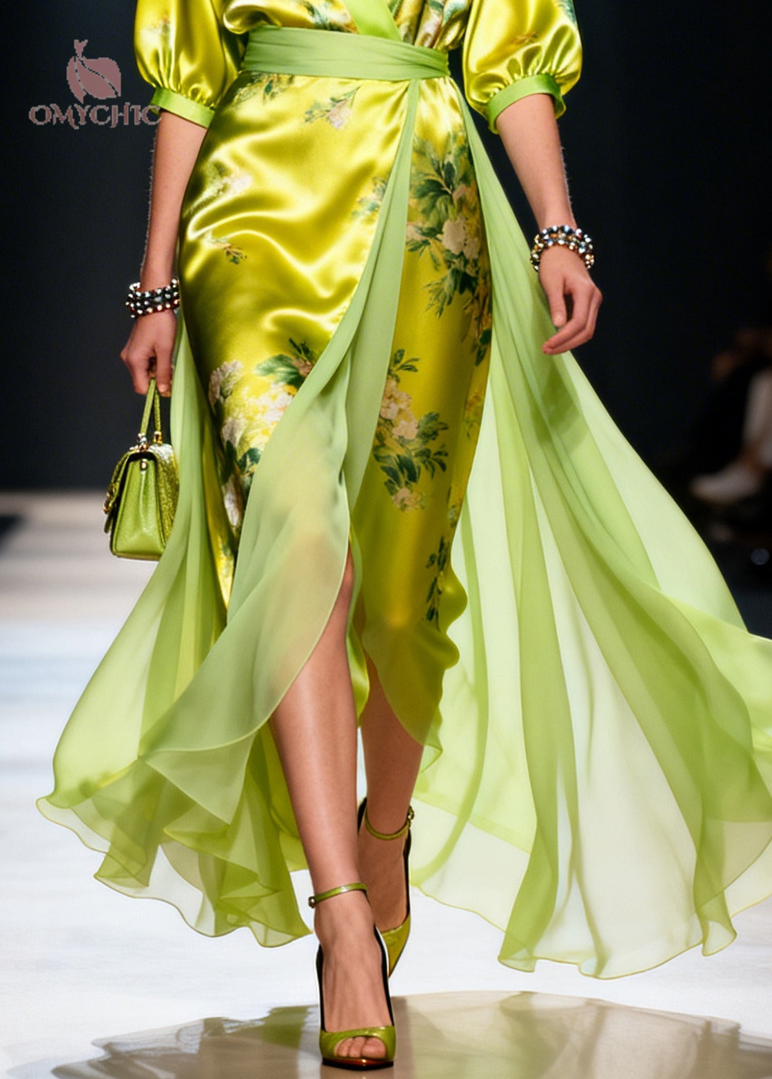 Floral Print Deep V-Neck Three Quarter Sleeve Wrap Waist Draped Panel Maxi Dress