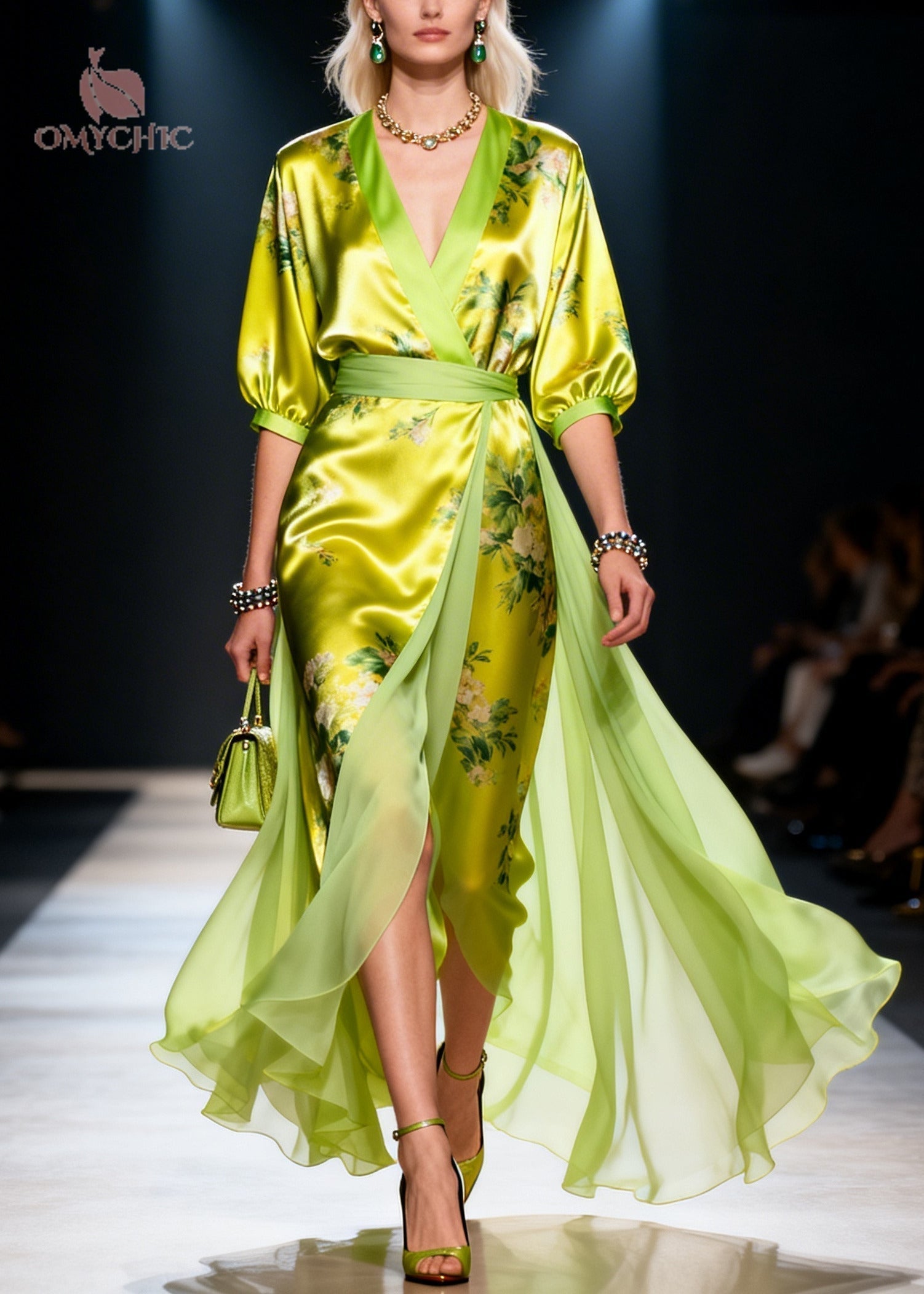 Floral Print Deep V-Neck Three Quarter Sleeve Wrap Waist Draped Panel Maxi Dress
