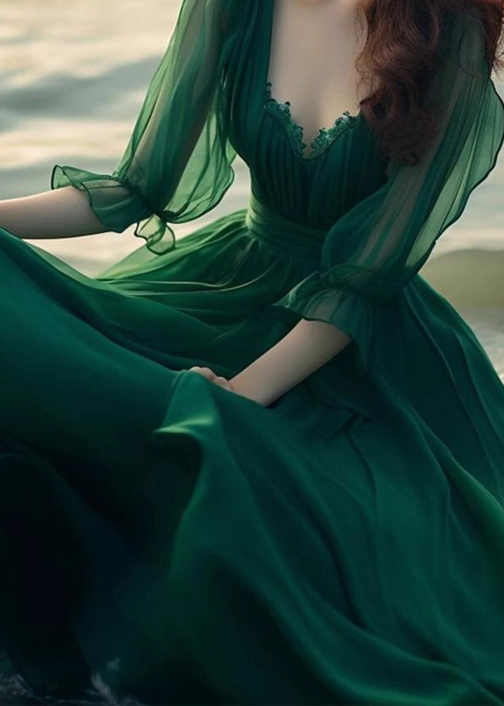 Modern Green V Neck Exra Large Hem Chiffon Maxi Dress Spring - View 4