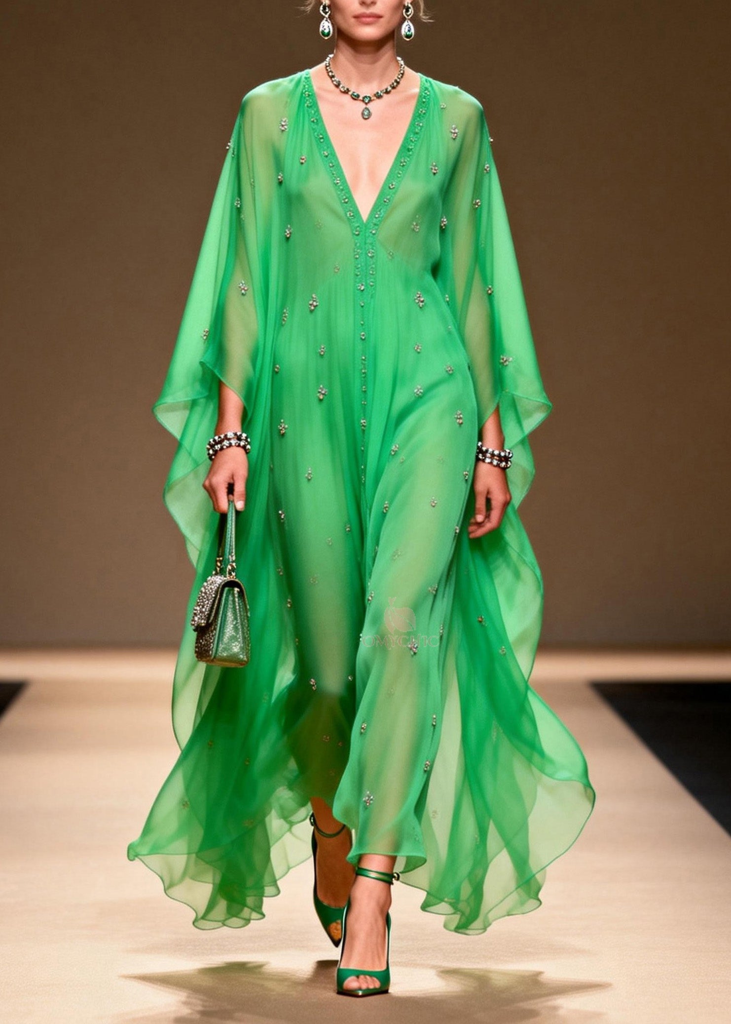 Rhinestone Scatter Deep V-Neck Button Front Sheer Chiffon Kaftan Maxi Gown