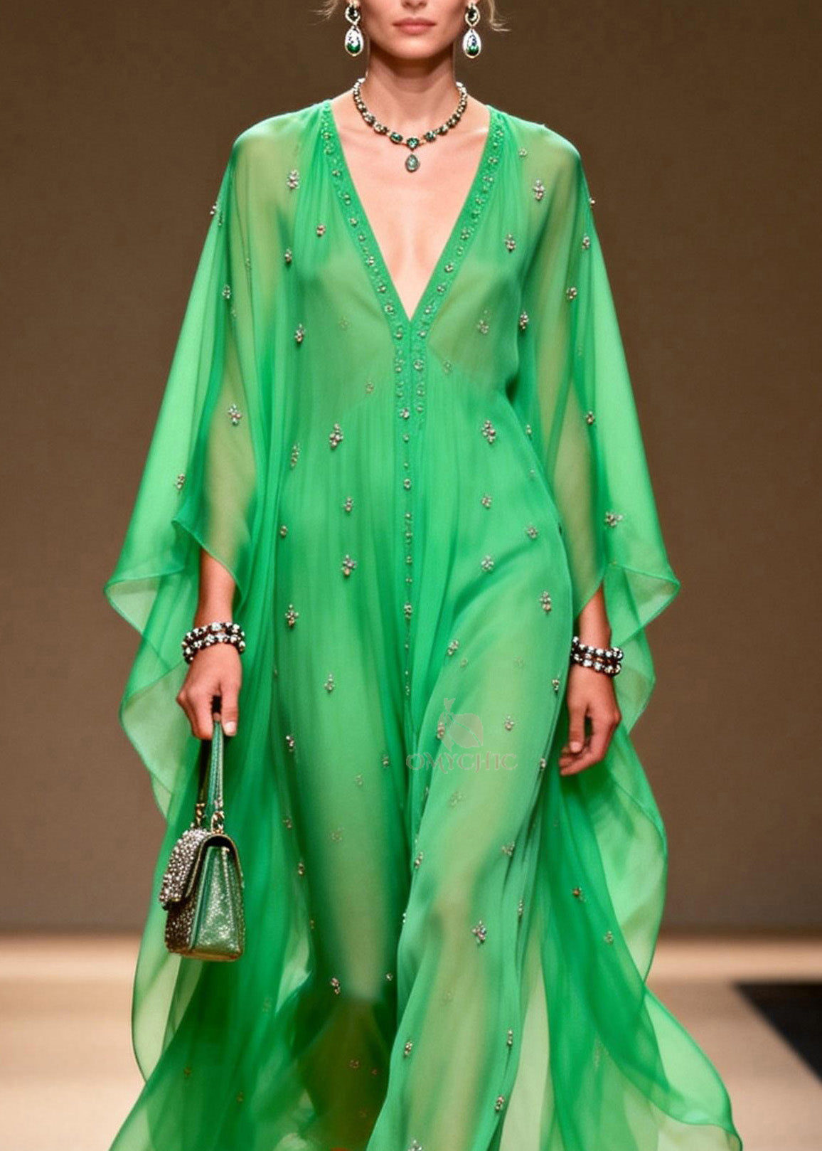 Rhinestone Scatter Deep V-Neck Button Front Sheer Chiffon Kaftan Maxi Gown