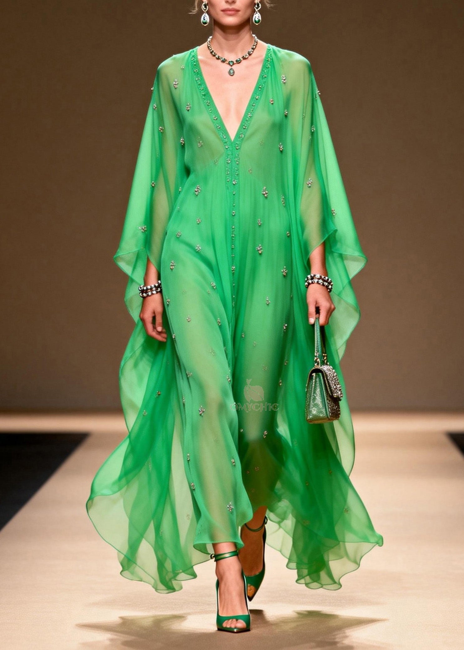 Rhinestone Scatter Deep V-Neck Button Front Sheer Chiffon Kaftan Maxi Gown