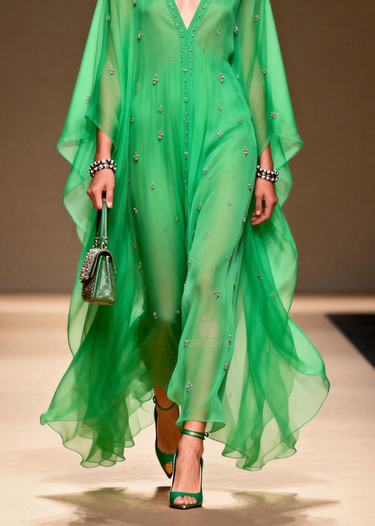 Rhinestone Scatter Deep V-Neck Button Front Sheer Chiffon Kaftan Maxi Gown