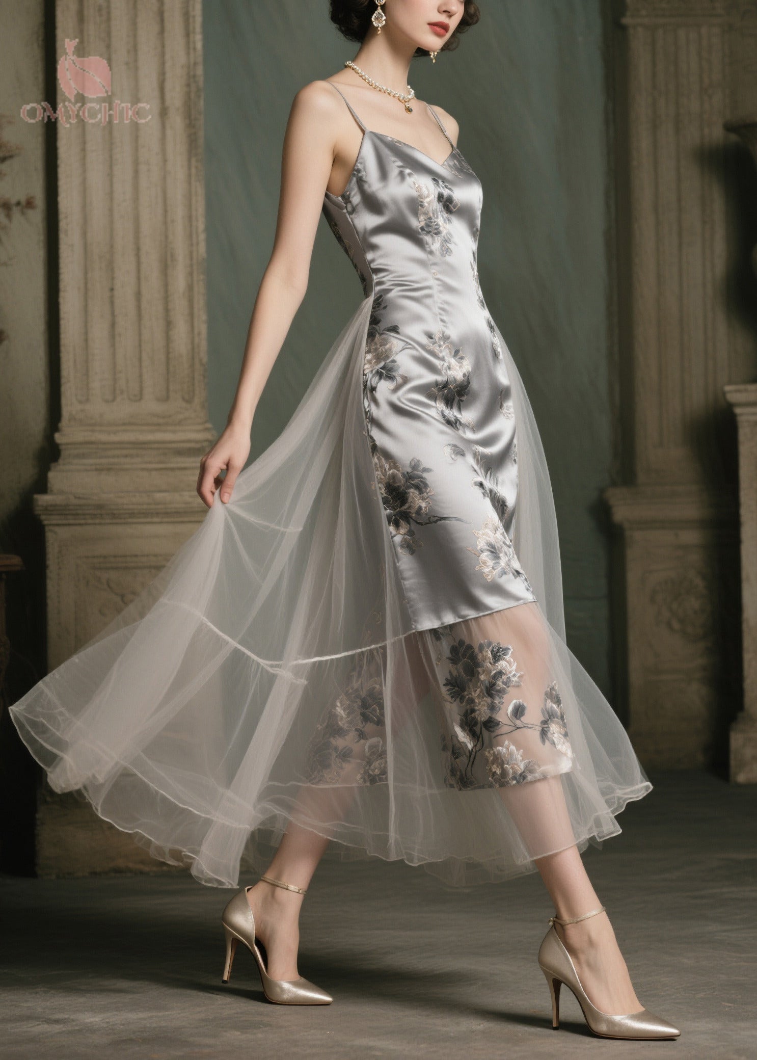 Satin Floral Print Spaghetti Strap Tulle Overlay Tiered Midi Dress