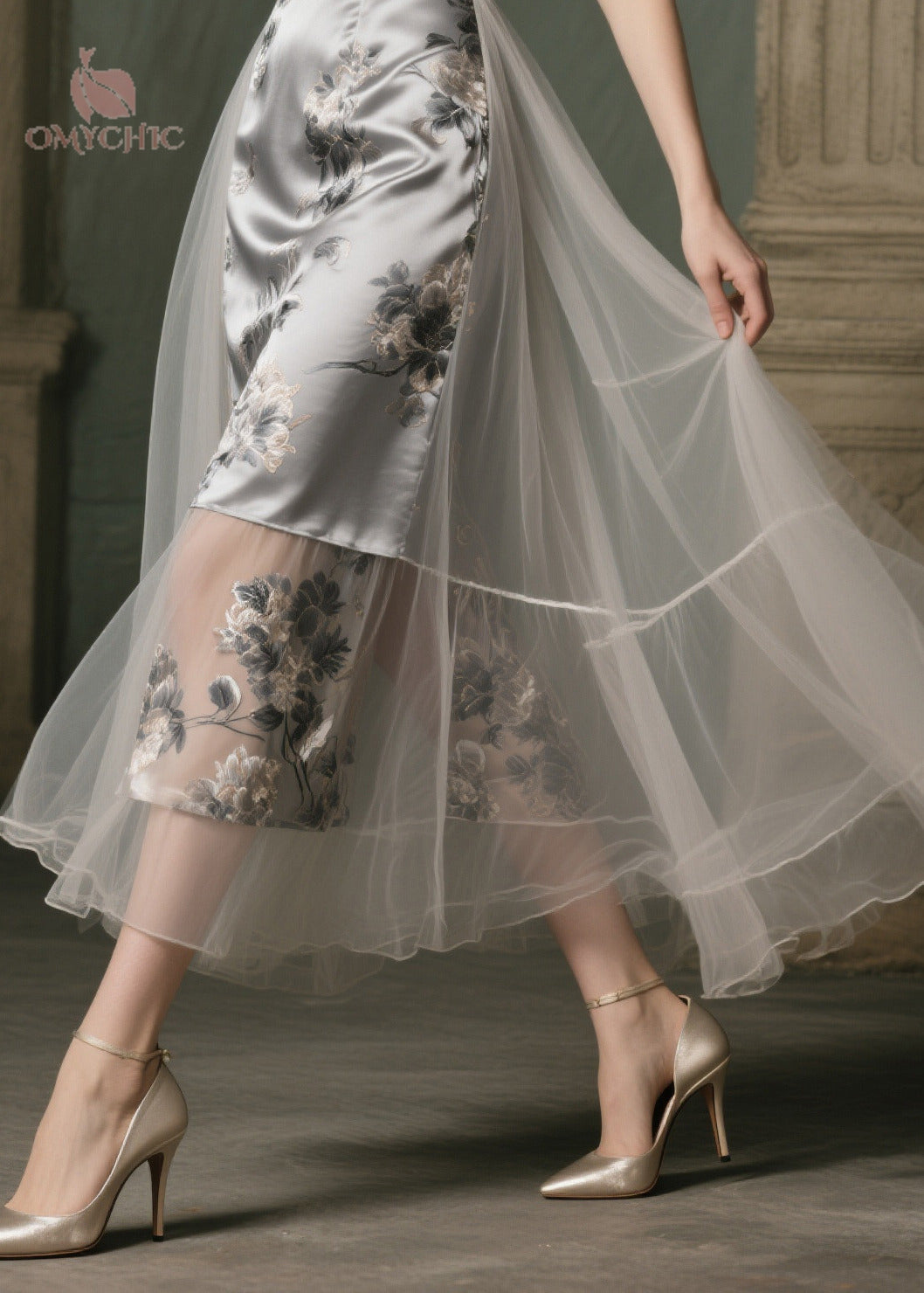 Satin Floral Print Spaghetti Strap Tulle Overlay Tiered Midi Dress