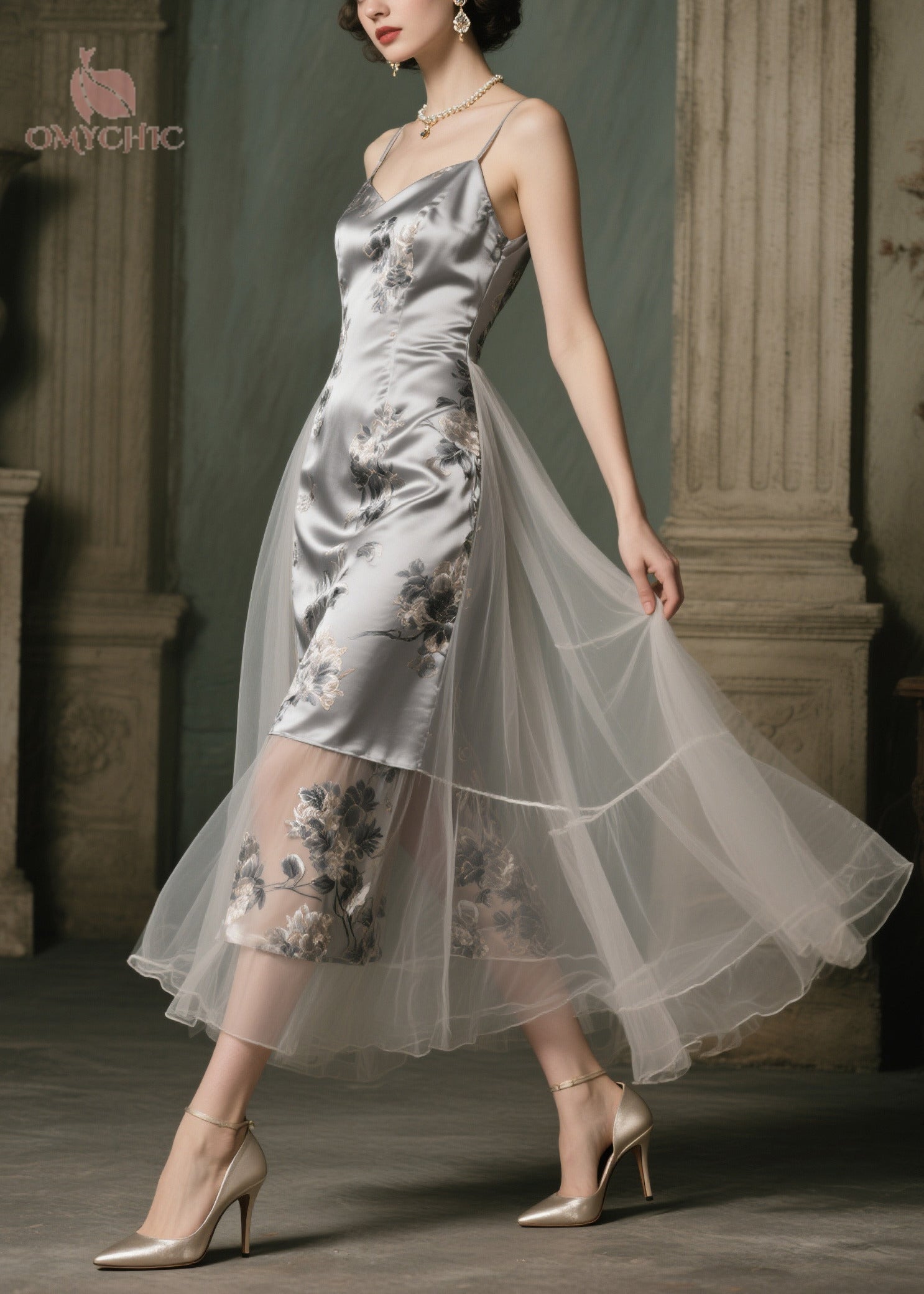 Satin Floral Print Spaghetti Strap Tulle Overlay Tiered Midi Dress