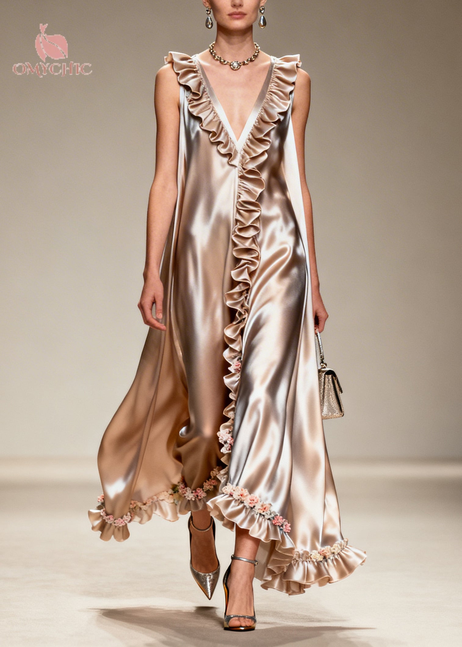 Modern Khaki Ruffled Floral Silk Robe Dresses Sleeveless