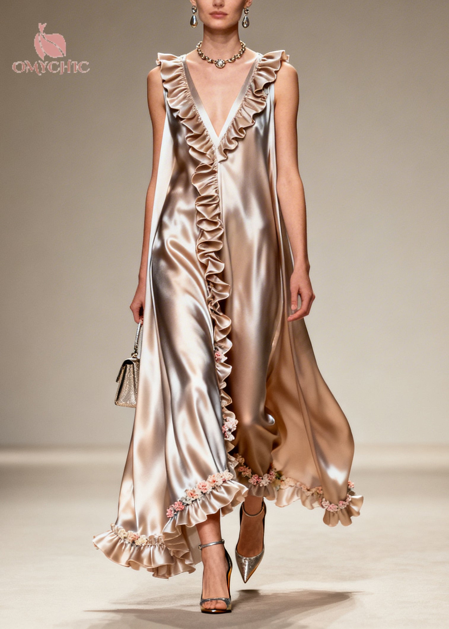 Modern Khaki Ruffled Floral Silk Robe Dresses Sleeveless - View 3