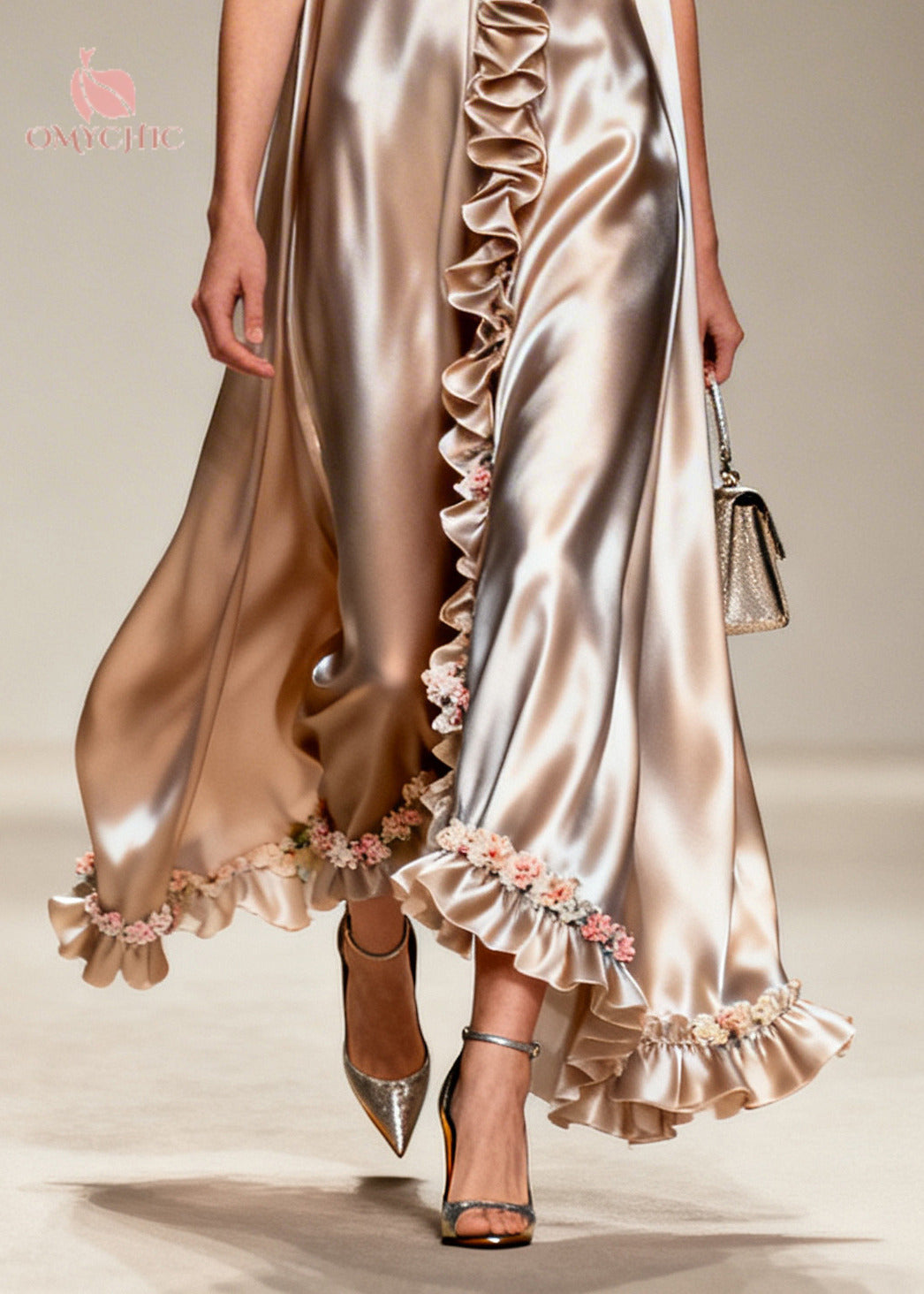 Modern Khaki Ruffled Floral Silk Robe Dresses Sleeveless - View 4