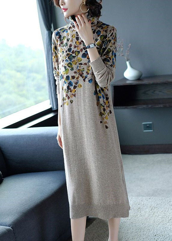 Modern Khaki Turtle Neck Print Side Open Knit Sweater Dress Winter
