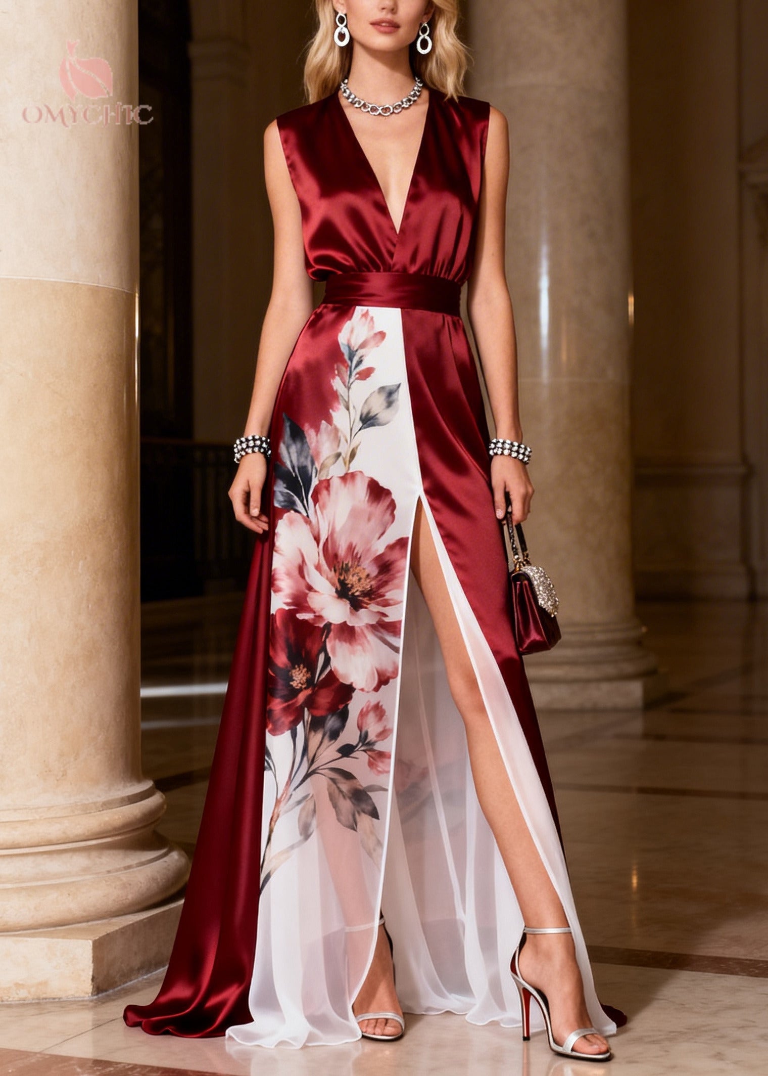 Floral Panel Deep V-Neck Sleeveless Belted High Split Satin Maxi Gown