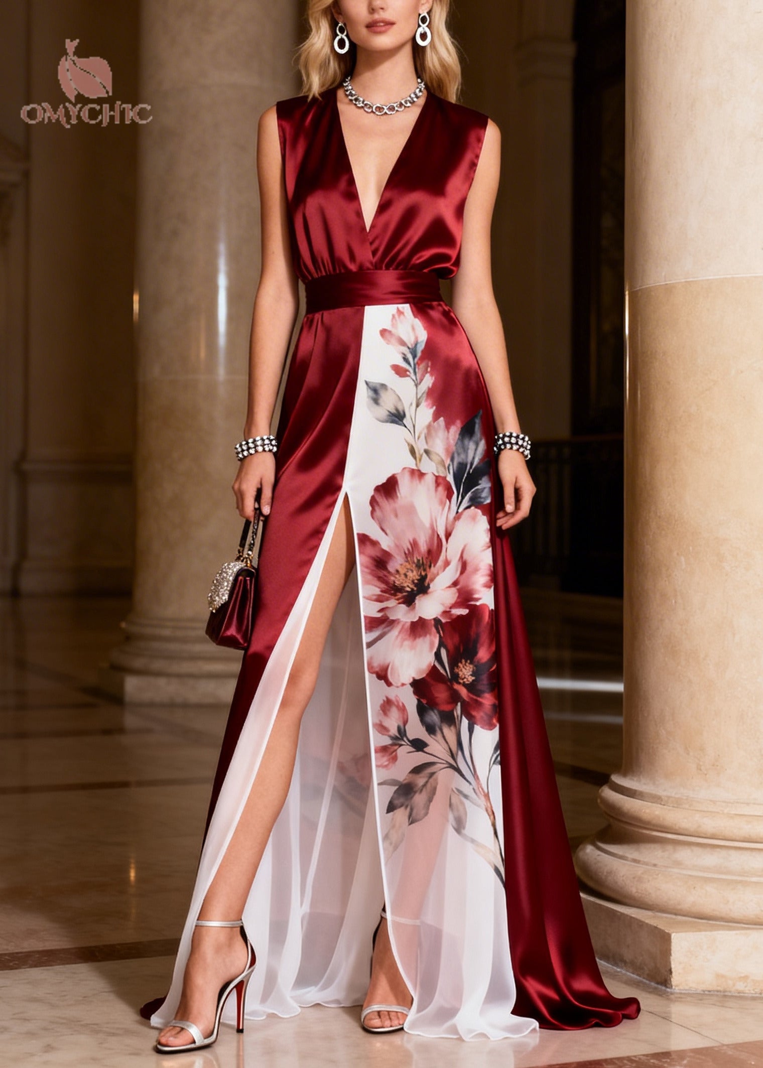 Floral Panel Deep V-Neck Sleeveless Belted High Split Satin Maxi Gown