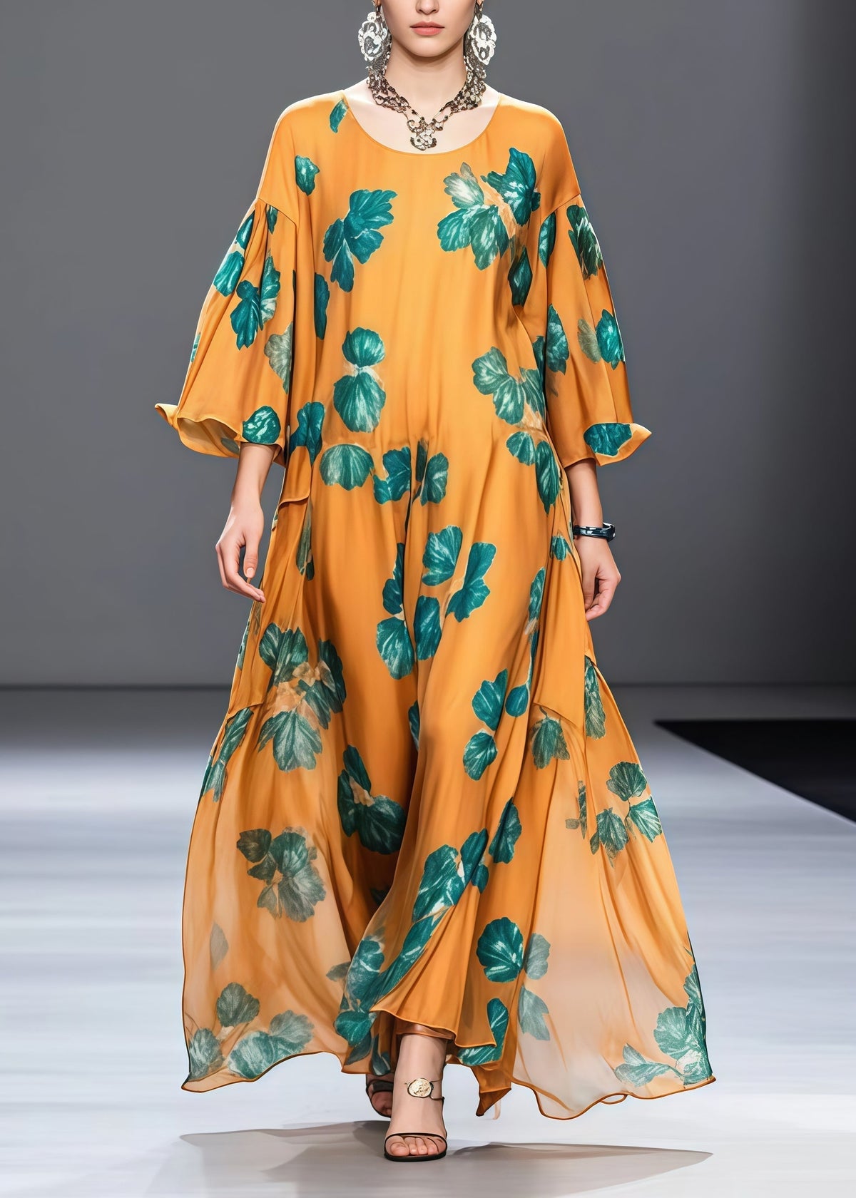 Leaf Print Round Neck Flare Sleeve Loose Chiffon Maxi Dress