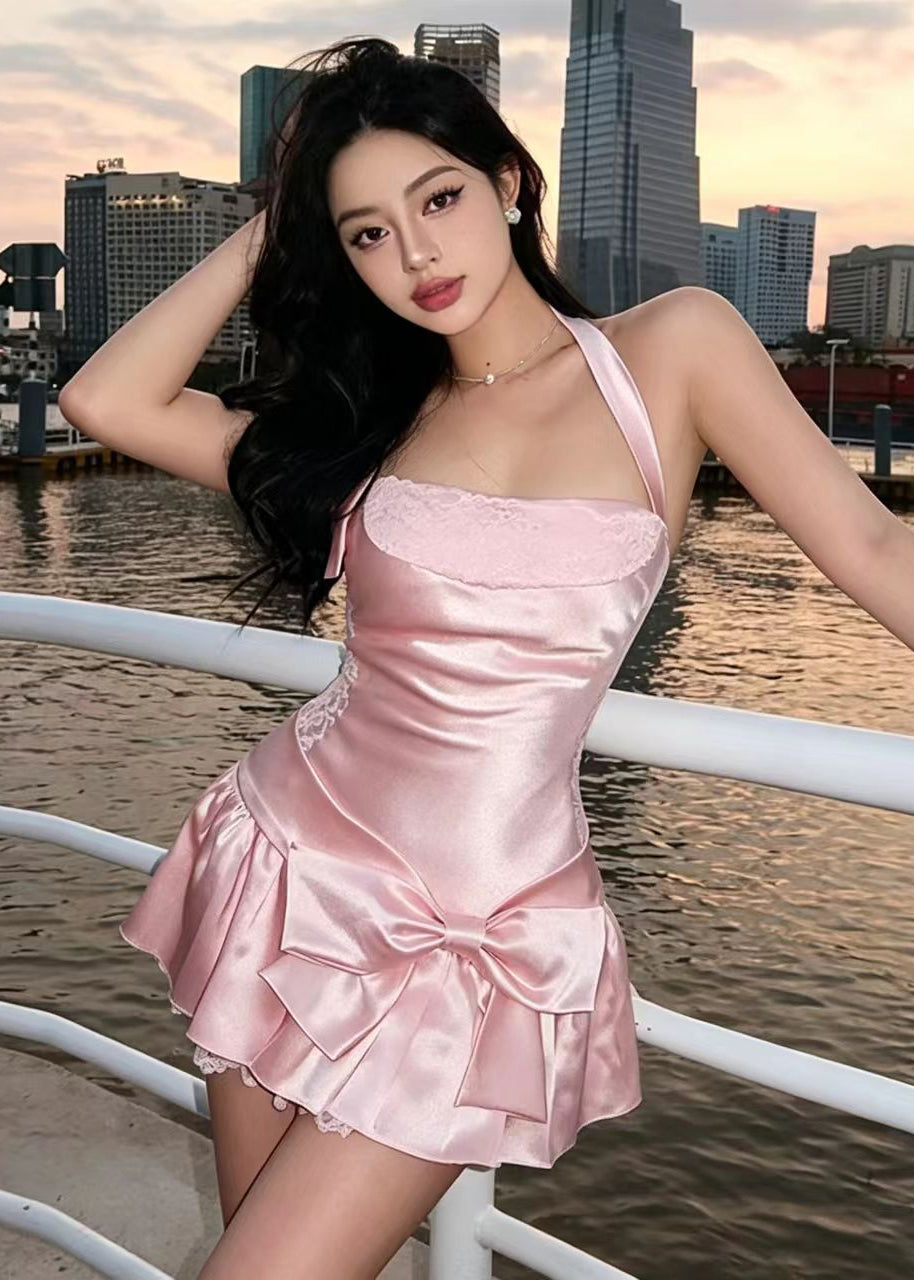 Modern Pink Backless Silk Mini Dress Summer