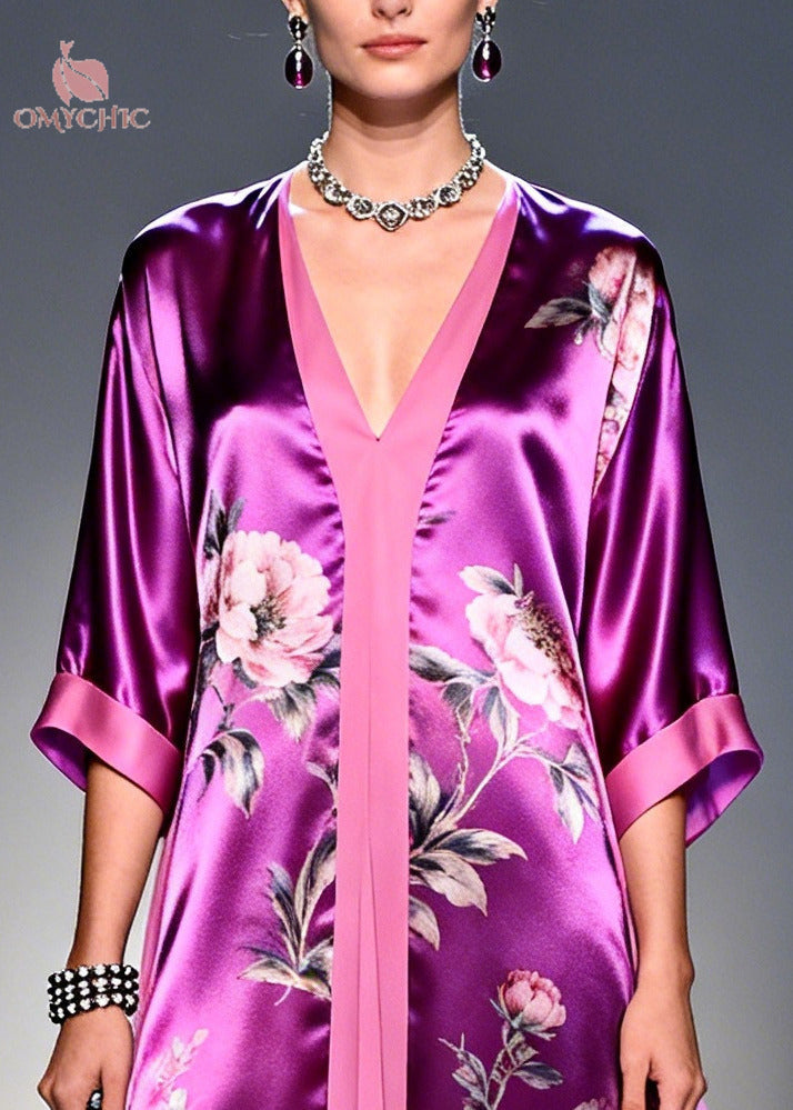 Floral Print Deep V-Neck Contrast Trim Sheer Layered Kaftan Maxi Dress