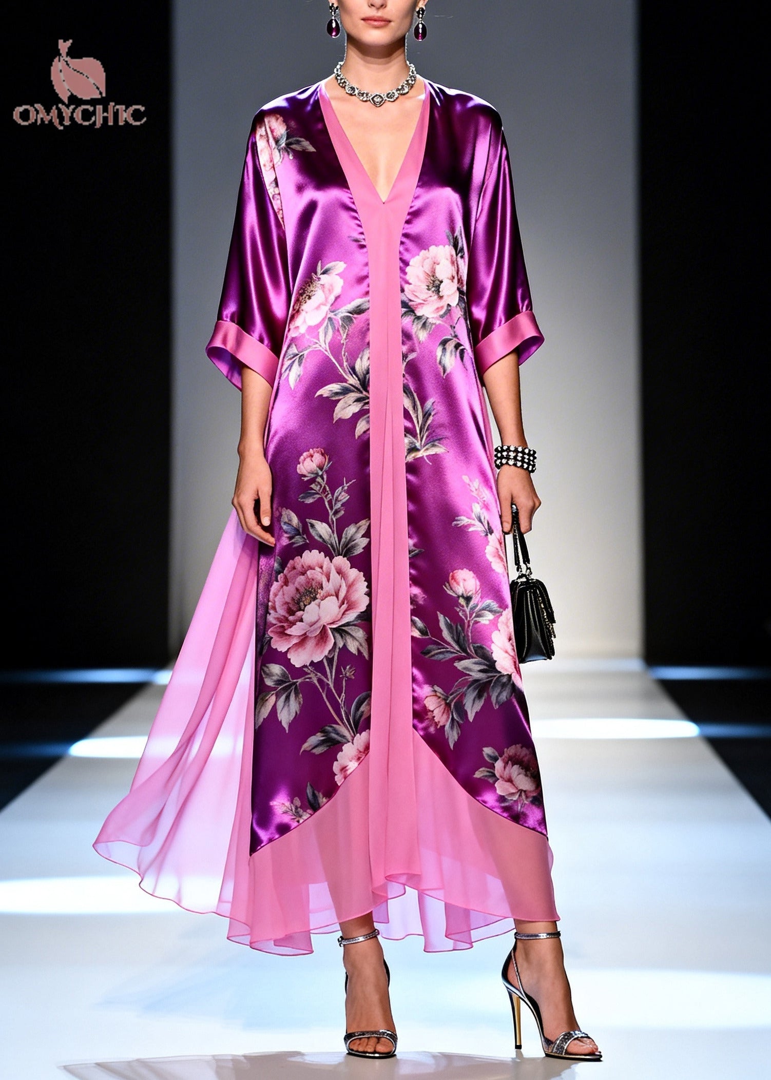 Floral Print Deep V-Neck Contrast Trim Sheer Layered Kaftan Maxi Dress