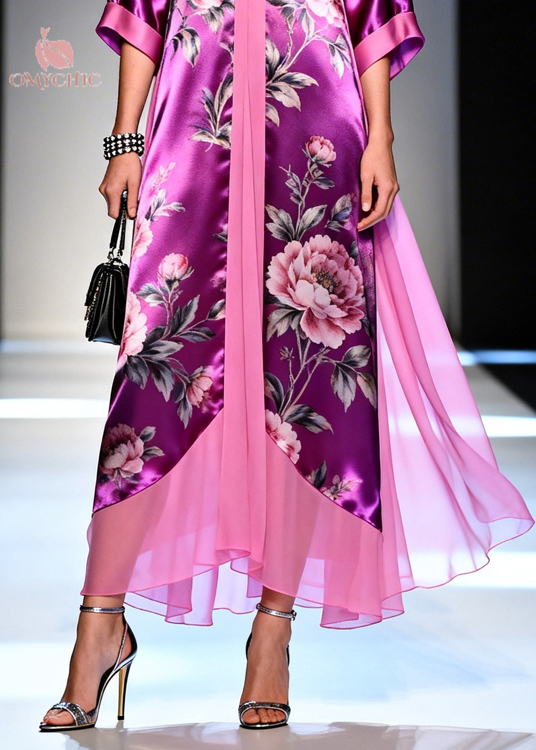 Floral Print Deep V-Neck Contrast Trim Sheer Layered Kaftan Maxi Dress