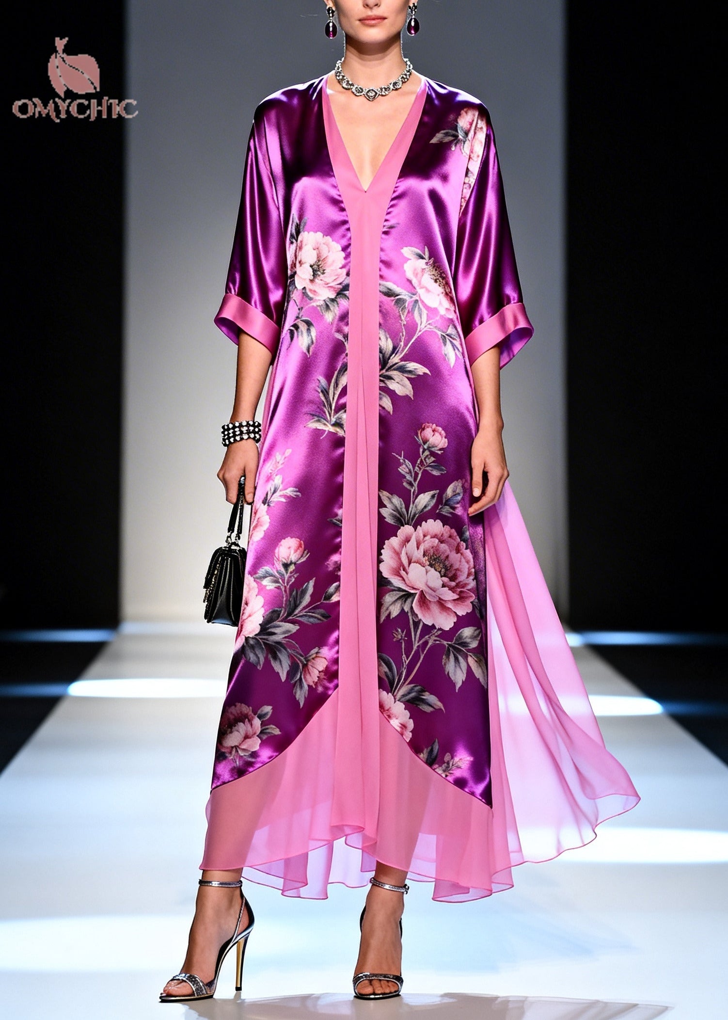 Floral Print Deep V-Neck Contrast Trim Sheer Layered Kaftan Maxi Dress - View 5