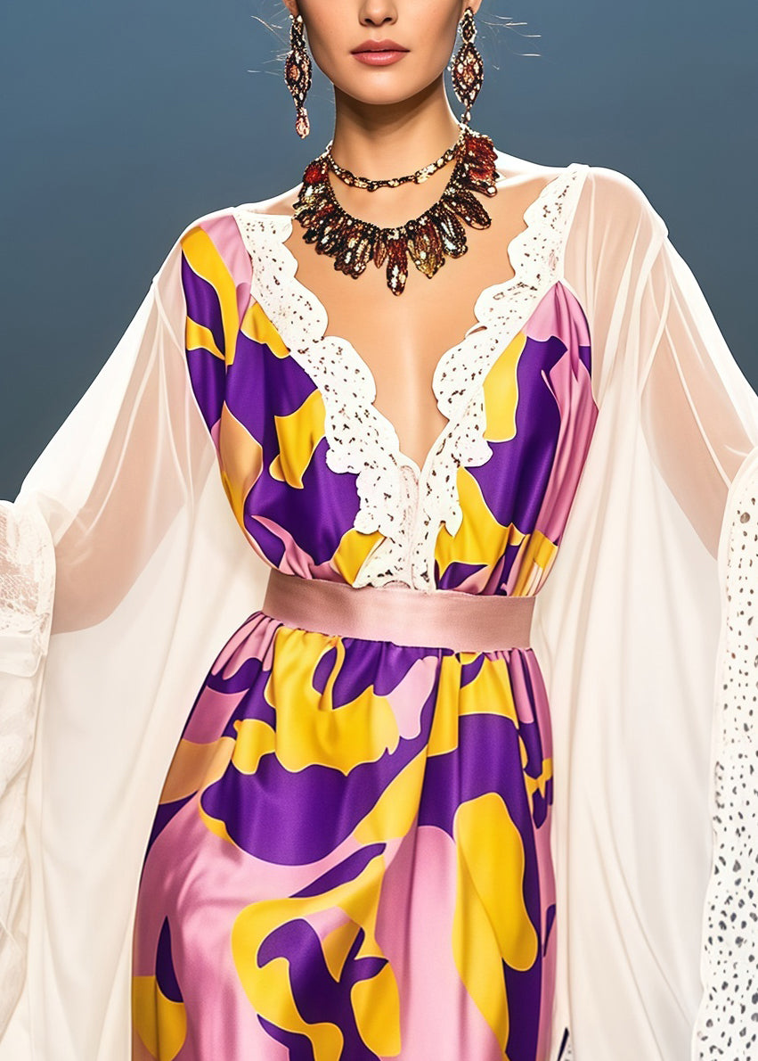 Deep V-Neck Lace Trim Satin Ruffle Cape Sleeve Knee Length Party Dress