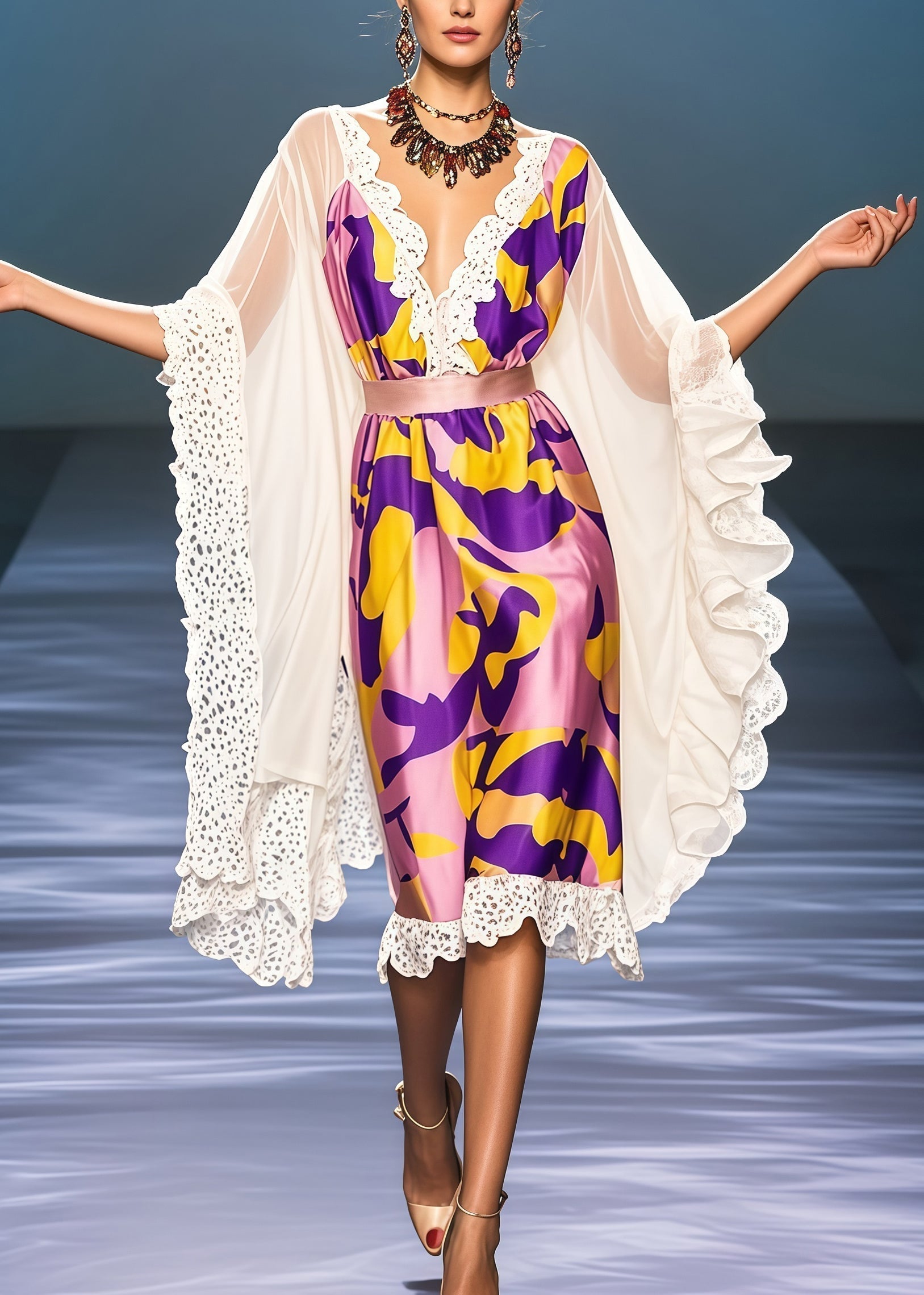 Deep V-Neck Lace Trim Satin Ruffle Cape Sleeve Knee Length Party Dress