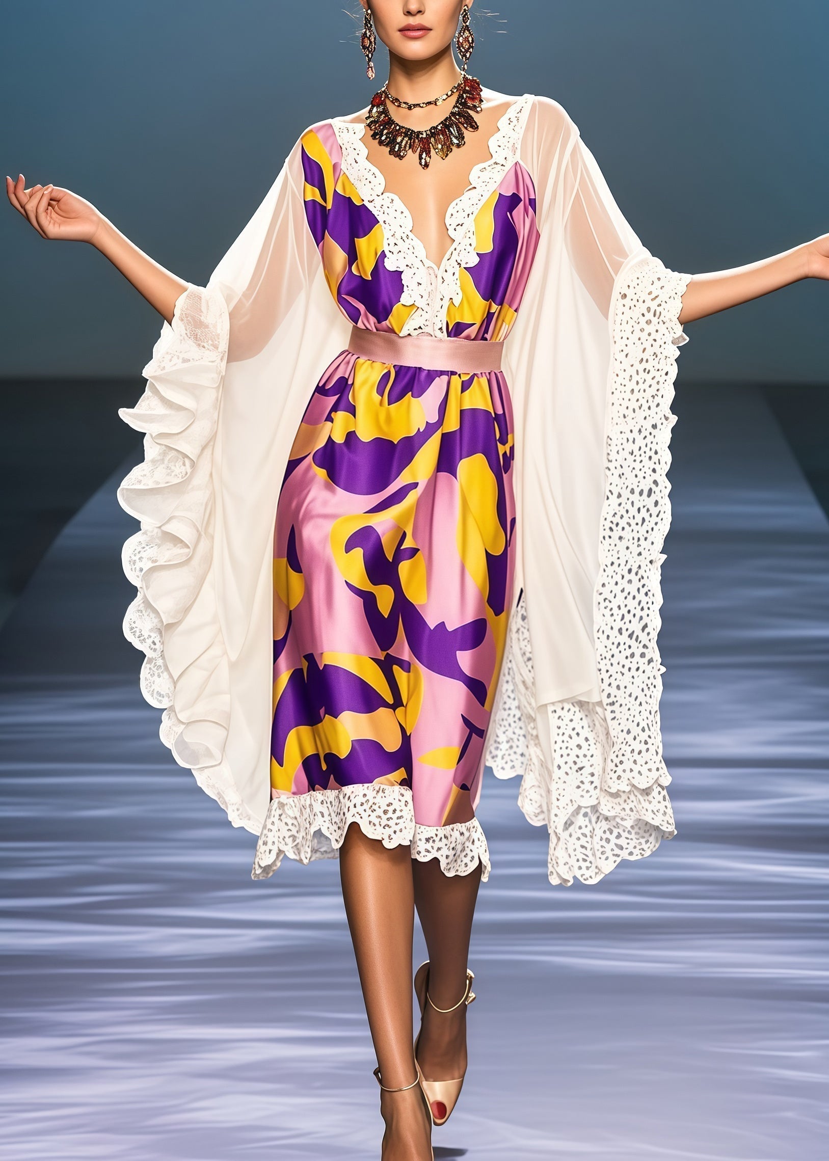 Deep V-Neck Lace Trim Satin Ruffle Cape Sleeve Knee Length Party Dress - View 5