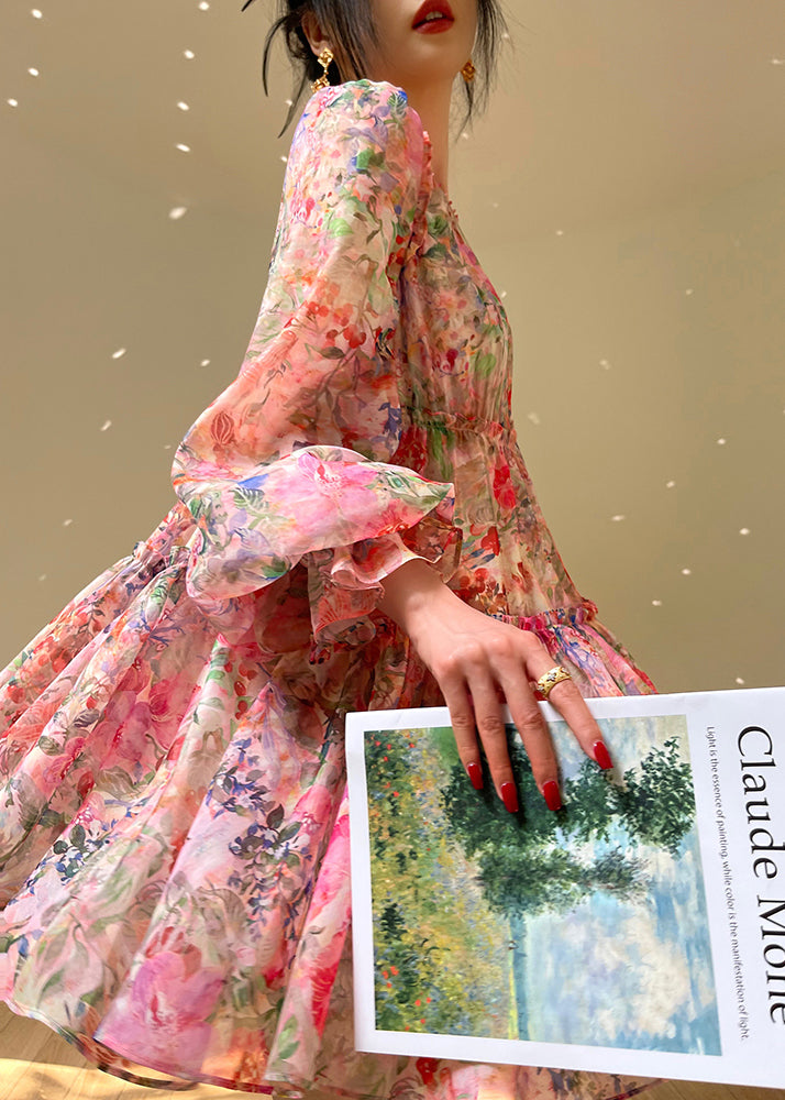 Floral Print Organza Square Neck Bishop Sleeve Tiered Empire Waist Mini Dress