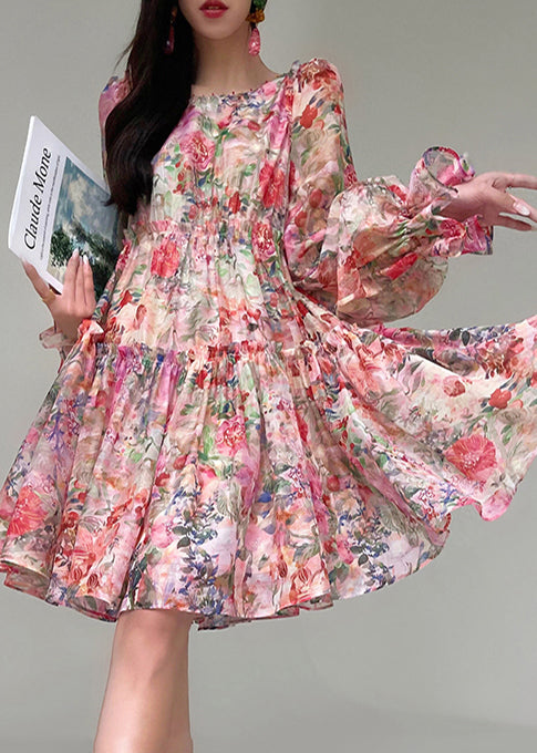 Floral Print Organza Square Neck Bishop Sleeve Tiered Empire Waist Mini Dress