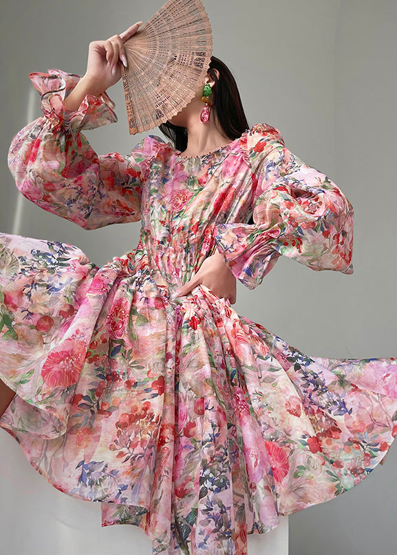 Floral Print Organza Square Neck Bishop Sleeve Tiered Empire Waist Mini Dress