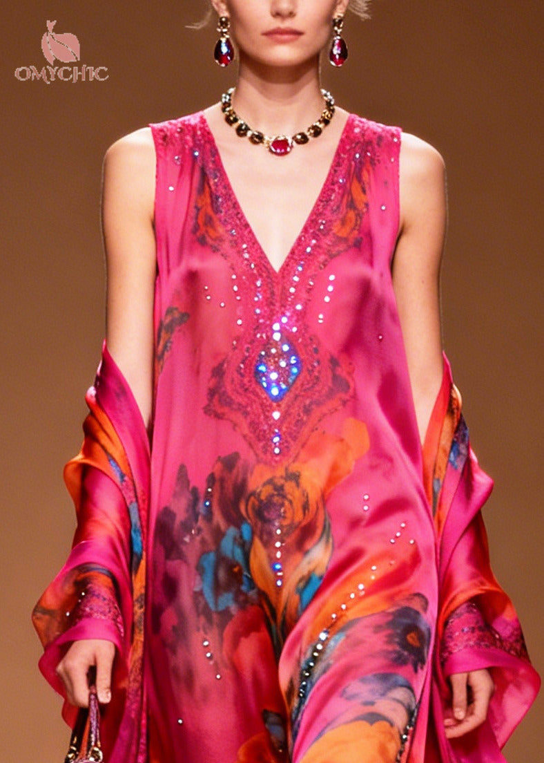 Rhinestone Floral Medallion Print Chiffon Wrap Two-Piece Set