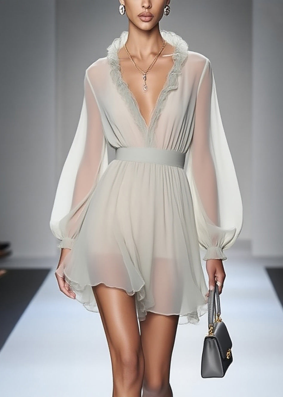 Modern Ruffled Patchwork Solid Chiffon Mid Dress Lantern Sleeve 3