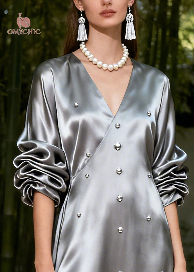 Modern Silvery Nail Bead Draping Silk Long Dress Summer