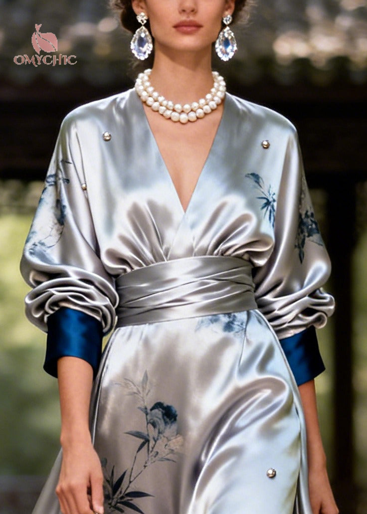 Satin Floral Print Beaded Wrap Deep V-Neck Puff Sleeve High Split Maxi Gown