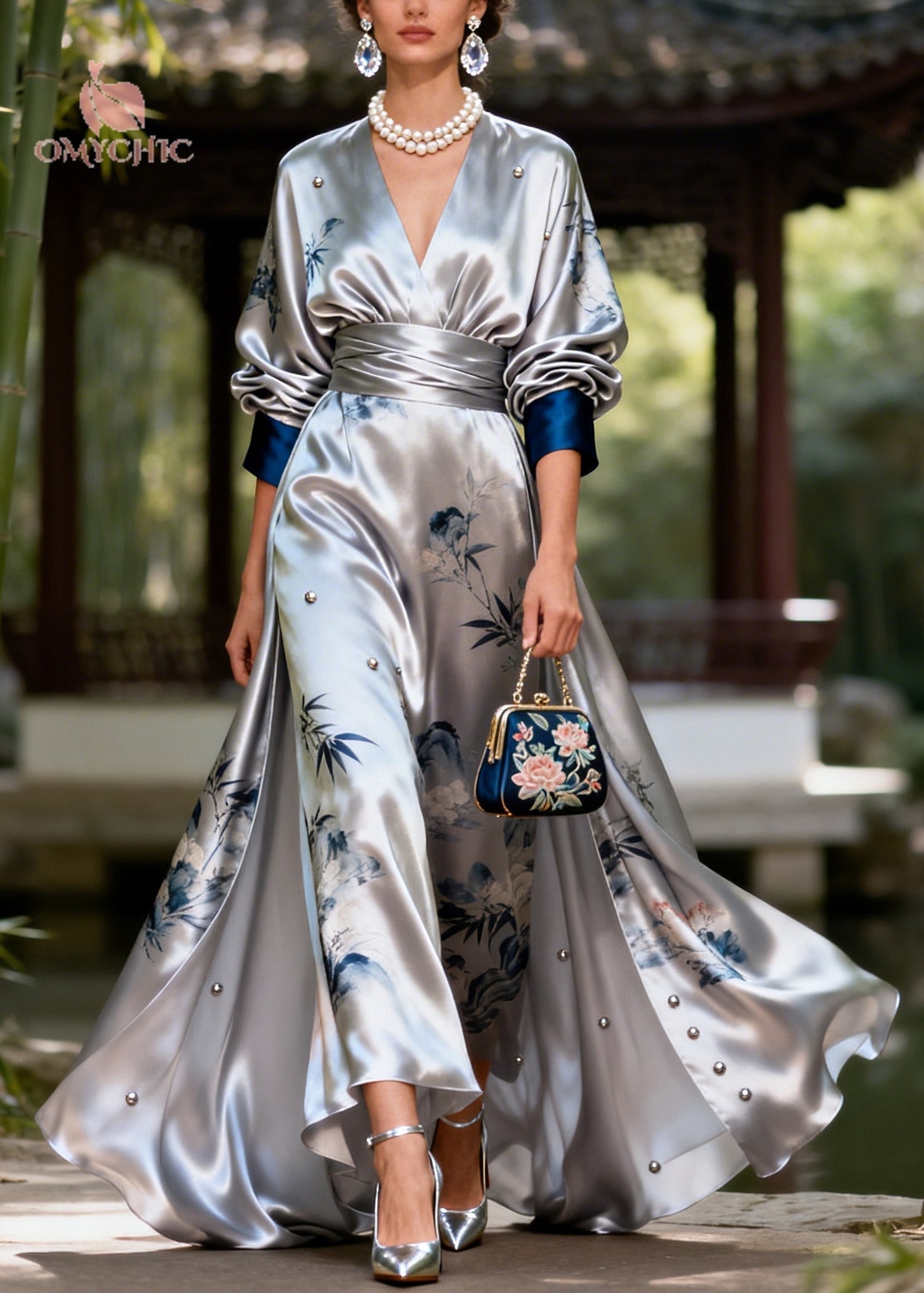 Satin Floral Print Beaded Wrap Deep V-Neck Puff Sleeve High Split Maxi Gown