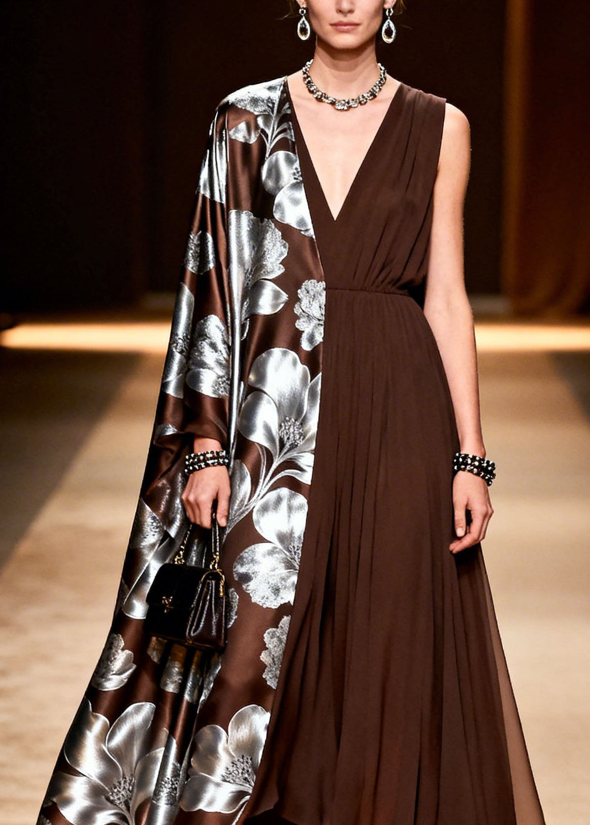 Asymmetric Pleated Split Panel Deep V-Neck Metallic Floral Cape Sleeve Maxi Gown